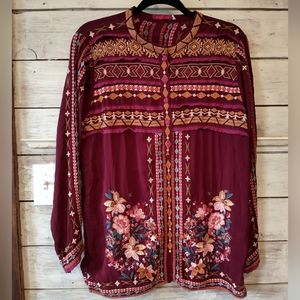Johnny Was Burgundy Gold Floral Embroidery Long Sleeve Blouse Size Medium